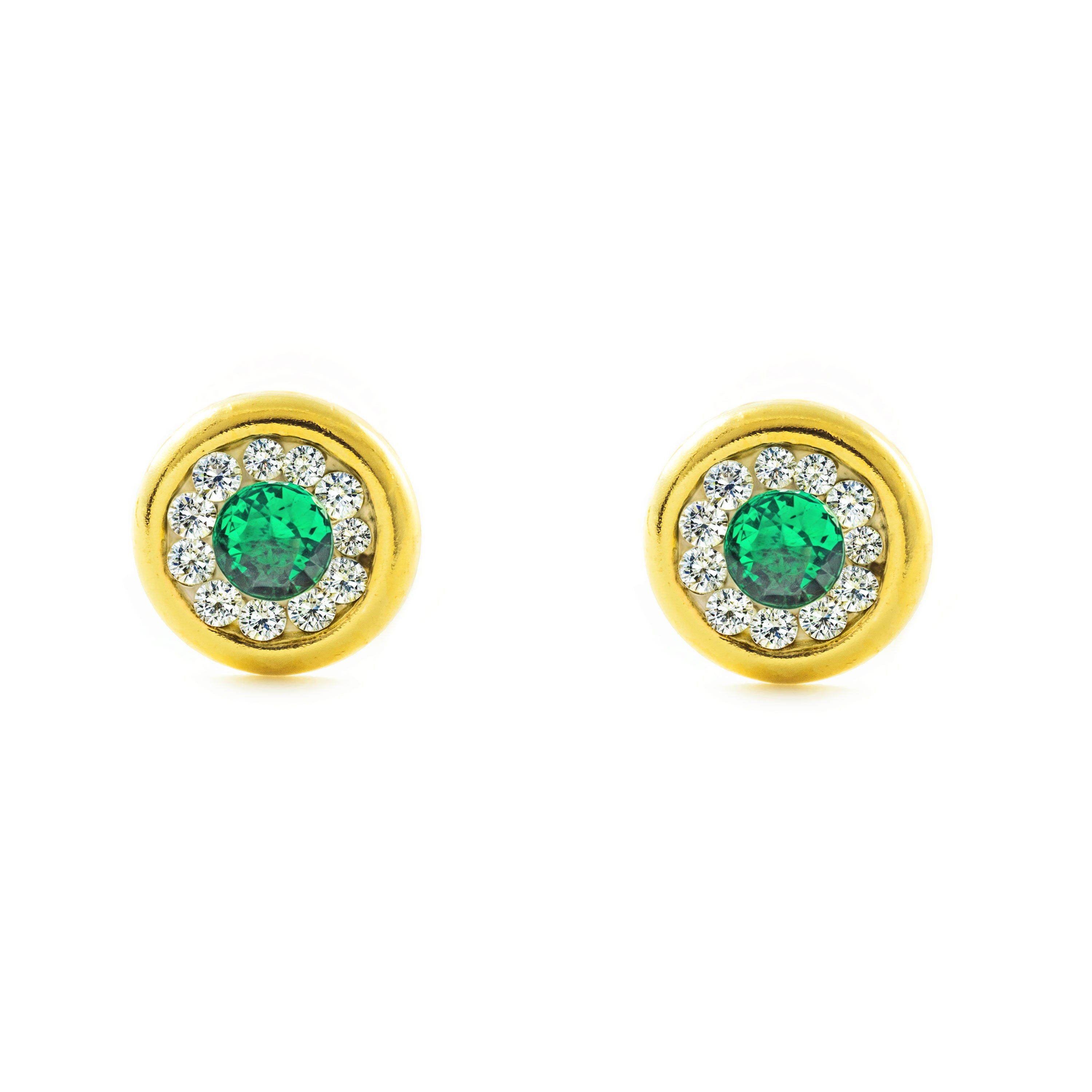 Pendientes Mujer-Niña Oro Amarillo 9K Chatón Redondo Circonita Y Zafiro Sintético Brillo