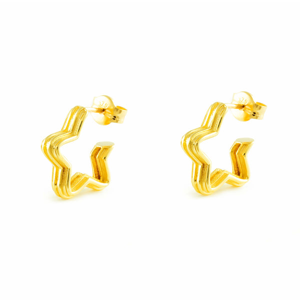 Pendientes Oro Amarillo 9K Aros Estrella Mate y Brillo 12 x 3 mm
