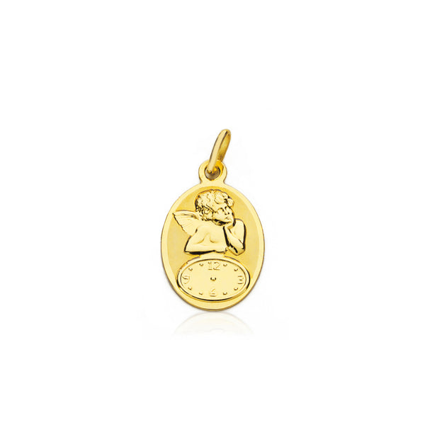Medalla Oro Amarillo 18K Personalizada Angel Oval Mate y Brillo 19 x 12 mm