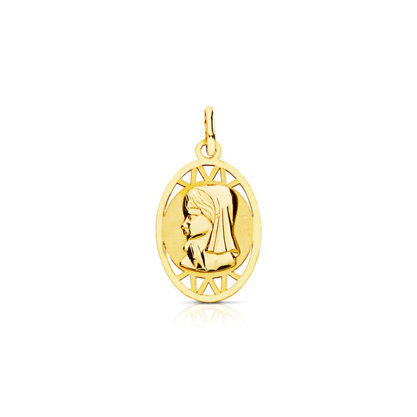 Medalla Oro Amarillo 18K Personalizada Virgen Niña Oval Mate y Brillo 17 x 12 mm
