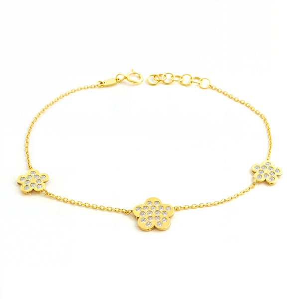 Pulsera Mujer-Niña Oro Amarillo 9K Flor Margaritas Circonita Brillo 18 cm