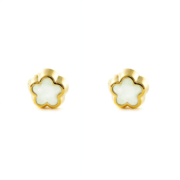 Pendientes Oro Amarillo 9K Nacar Flor Margarita Brillo