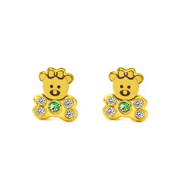 Pendientes Bebe-Niña Oro Amarillo 18K Oso Circonita y Esmeralda sintético Mate y Brillo