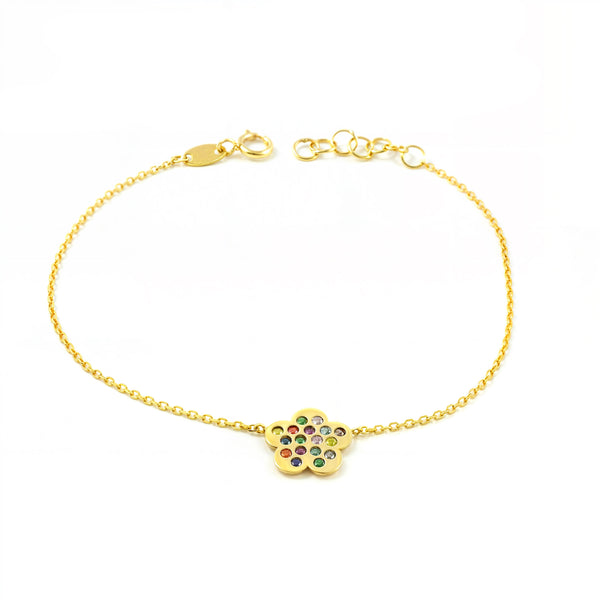 Pulsera Mujer Oro Amarillo 9K Flor Margarita Circonita Color Brillo 17 cm