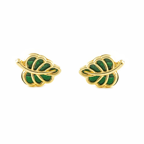 Pendientes oro Amarillo 9K Hoja Piedra Malaquita Verde Brillo
