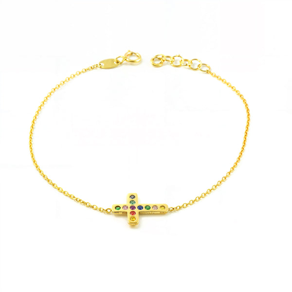 Pulsera Mujer Oro Amarillo 9K Cruz horizontal Circonita Color Brillo 17 cm