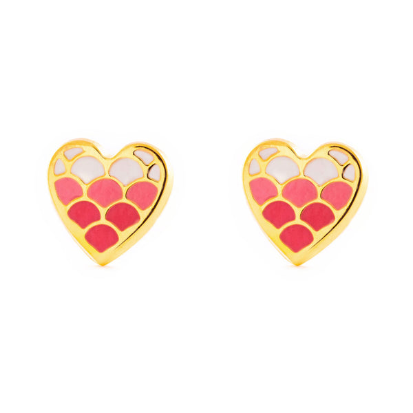 Pendientes Mujer-Niña Oro Amarillo 9K Corazón Esmalte Rosa Brillo