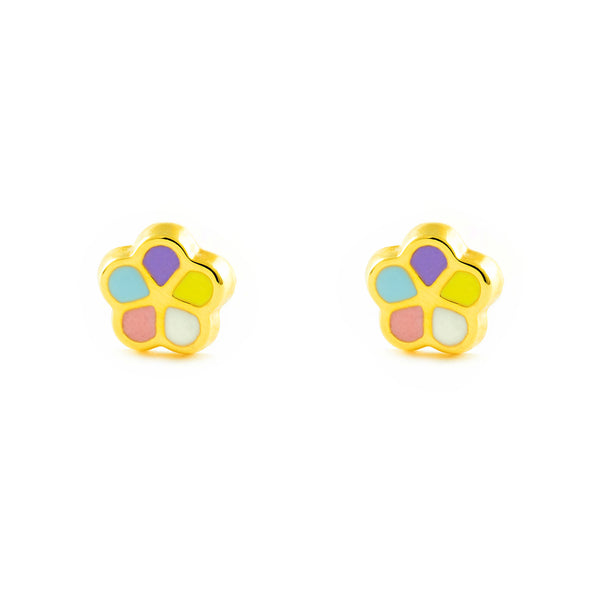 9ct Yellow Gold Multicolored enamel Daisy Flower Baby Girls children's Earrings shine