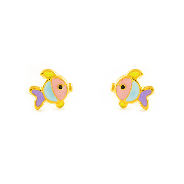 9ct Yellow Gold Multicolored enamel Fish Baby Girls children's Earrings shine