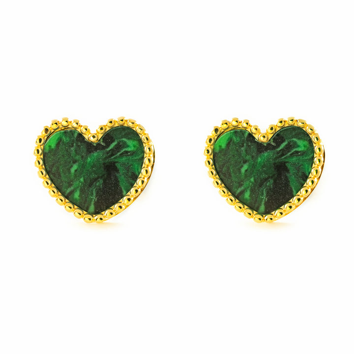 Pendientes Mujer oro Amarillo 9K Corazón Piedra Malaquita Verde Brillo y Textura