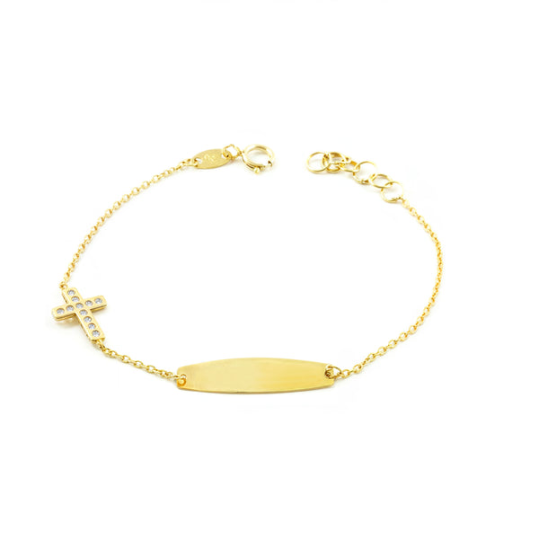 Pulsera Niña Oro Amarillo 9K Personalizada Esclava Cruz horizontal Circonita Brillo 14 cm