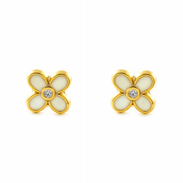 Pendientes Niña Oro Amarillo 9K Cuatrebol Esmalte Blanco Brillo