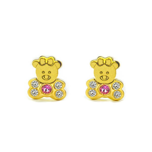 Pendientes Bebe-Niña Oro Amarillo 18K Oso Circonita y rubí sintético Mate y Brillo