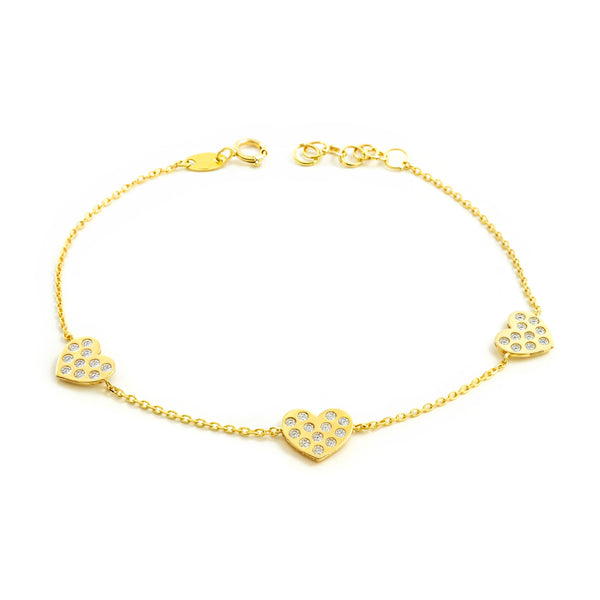 9ct Yellow Gold Heart Charms Zirconia Shine Women's Girls Bracelet 18 cm