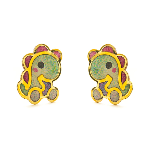 9ct Yellow Gold Multicolor Enamel Dinosaur Girls Earrings shine