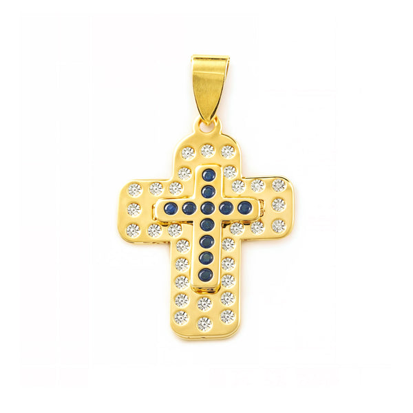 Cruz Oro Amarillo 9K Pequeña Rectangular Zafiros preciosas sintéticas Brillo 22 x 14,5 mm