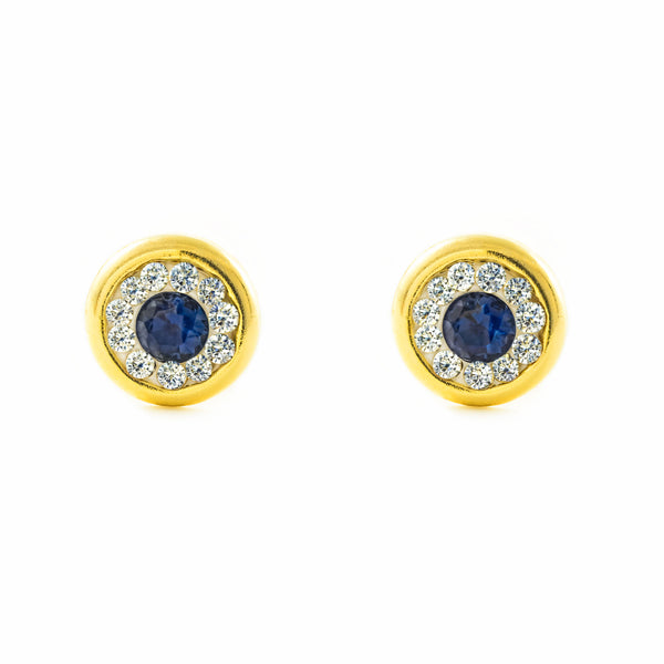 9ct Yellow Gold Round Chaton Cubic Zirconia and Synthetic Sapphire Women's Girls Earrings shine