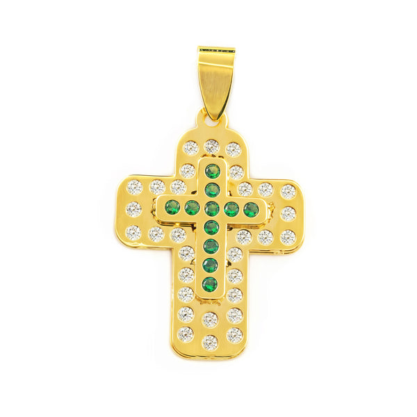 Cruz Oro Amarillo 9K Rectangular Esmeraldas preciosas sintéticas Brillo 23 x 17 mm