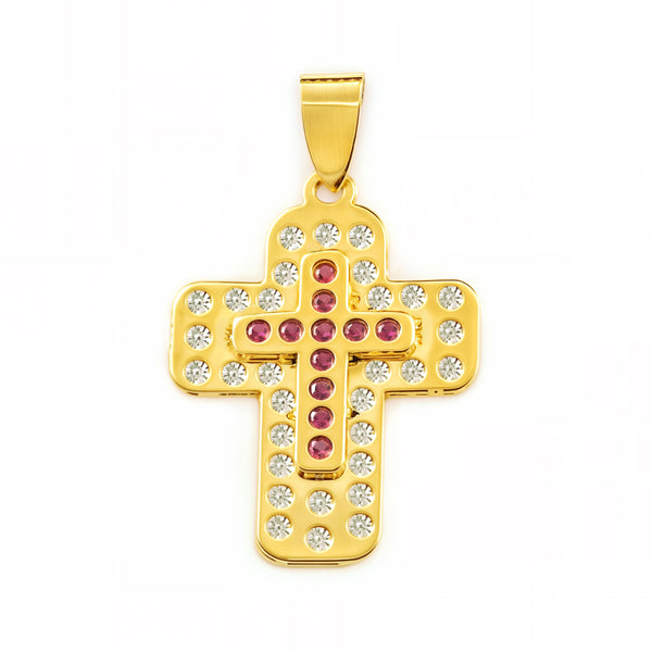 Cruz Oro Amarillo 9K Rectangular Rubies preciosas sintéticas Brillo 23 x 17 mm