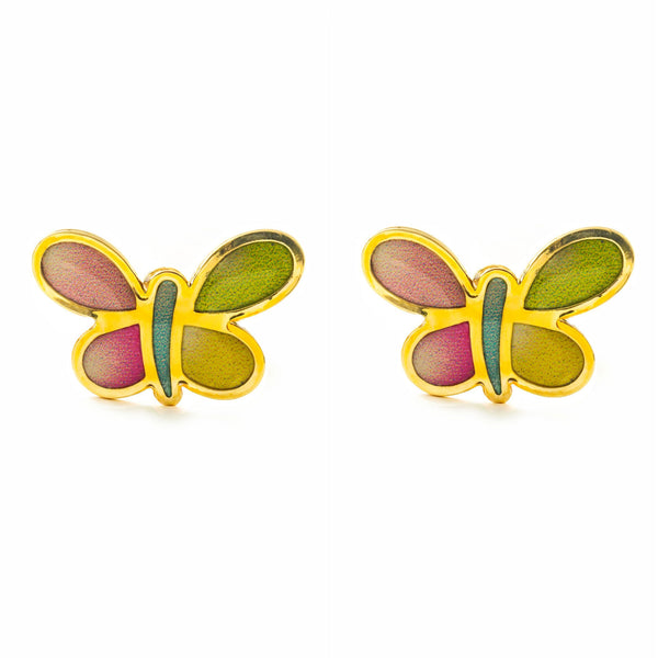 Pendientes Niña Oro Amarillo 9K Mariposa Esmalte Multicolor Brillo