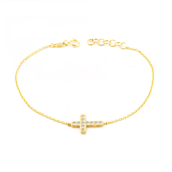 Pulsera Mujer Oro Amarillo 9K Cruz horizontal Circonita Brillo 17 cm