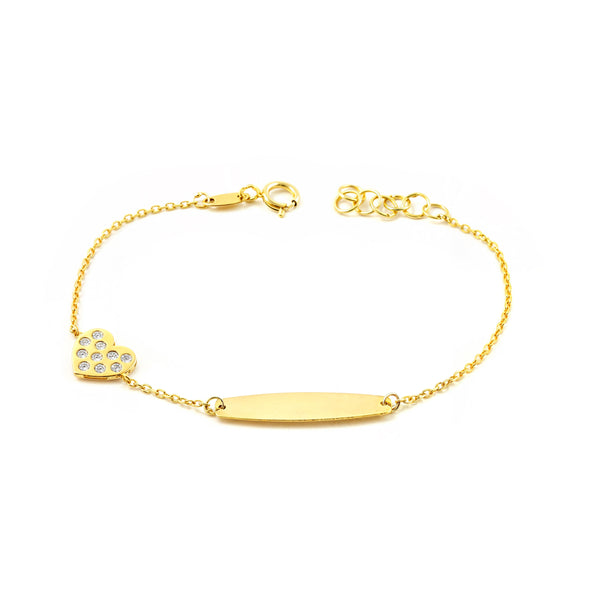 Pulsera Niña Oro Amarillo 9K Personalizada Esclava Corazón Circonita Brillo 14 cm