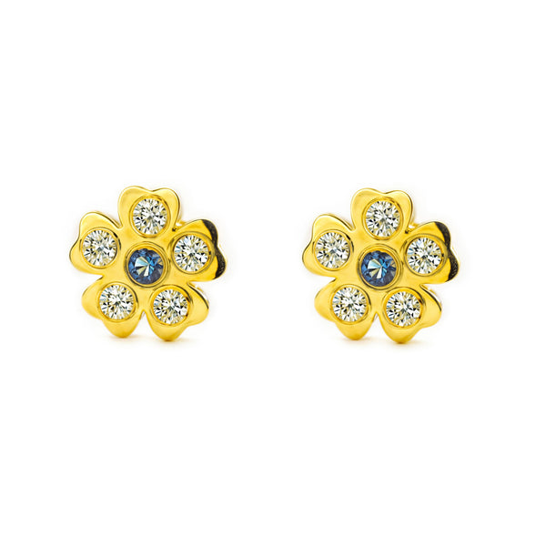 Pendientes Bebe-Niña Oro Amarillo 18K Flor Circonita y Zafiro sintético Brillo