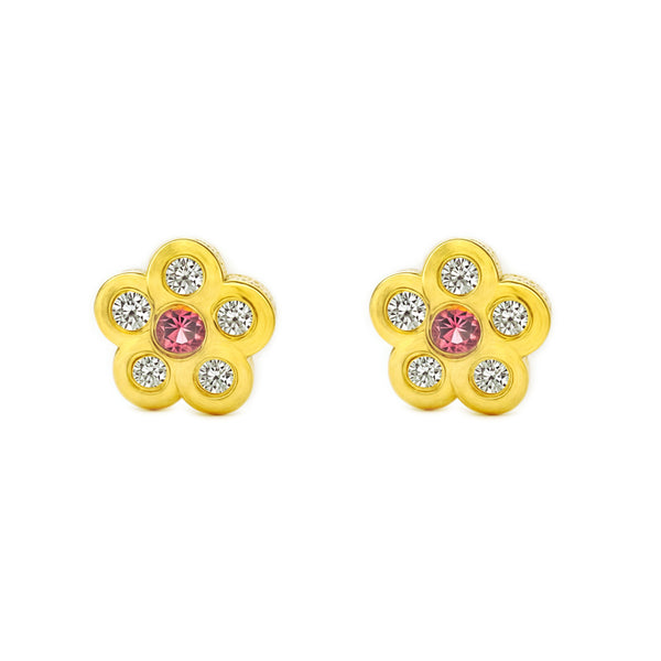 Pendientes Bebe-Niña Oro Amarillo 18K Flor Margarita Circonita y rubí sintético Brillo