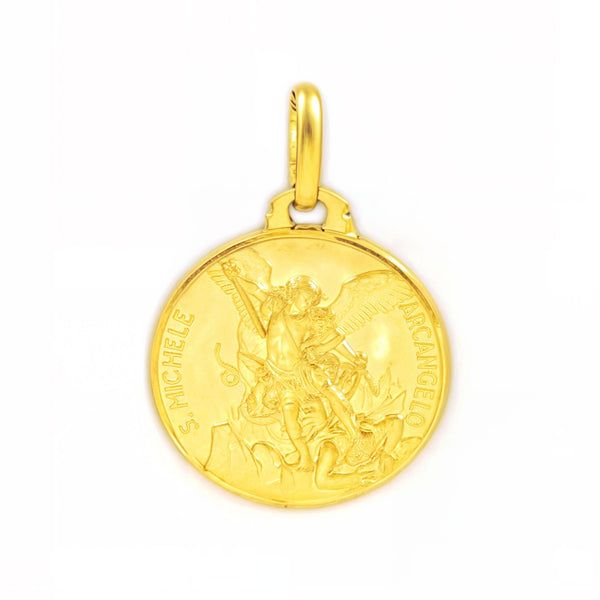 9ct Yellow Gold Round San Miguel Medal 10 mm Matte and Shine Girls Women's
