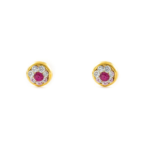 9ct Yellow Gold Baby Girl Round Chaton Cubic Zirconia and Synthetic Ruby Earrings shine