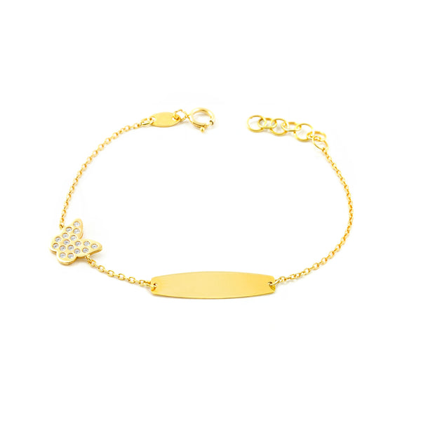 Pulsera Niña Oro Amarillo 9K Personalizada Esclava Mariposa Circonita Brillo 14 cm