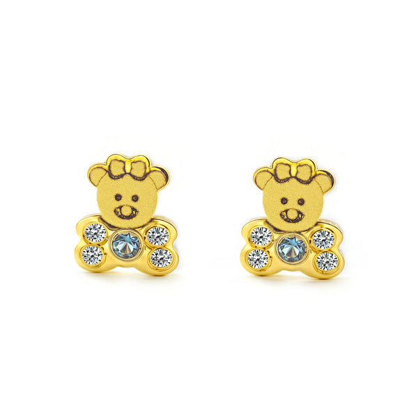 Pendientes Bebe-Niña Oro Amarillo 18K Oso Circonita y Zafiro sintético Mate y Brillo