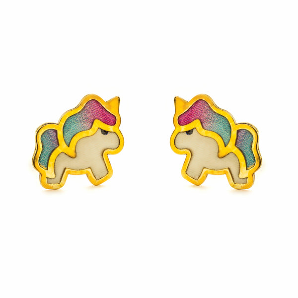 9ct Yellow Gold Unicorn Enamel Multicolor Shine Girls Earrings