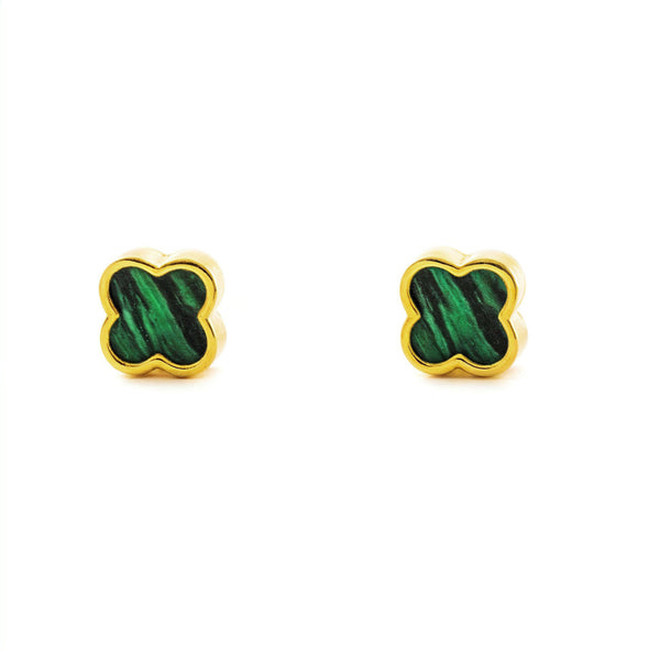 Pendientes Oro Amarillo 9K Cuatrebol Malaquita Brillo