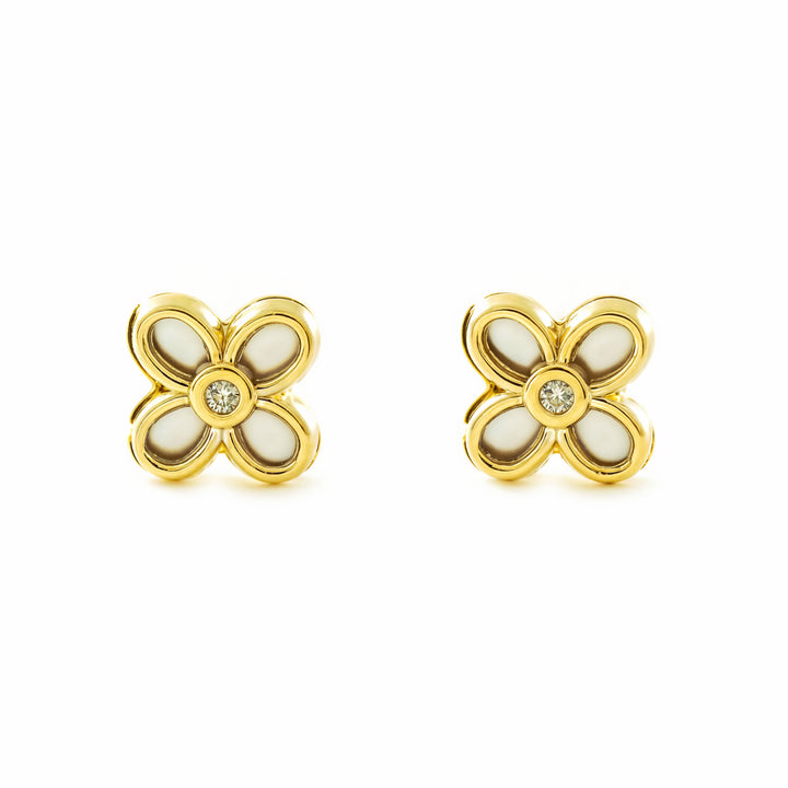 Pendientes oro Amarillo 9K Cuatrebol Nácar Madre Perla Brillo