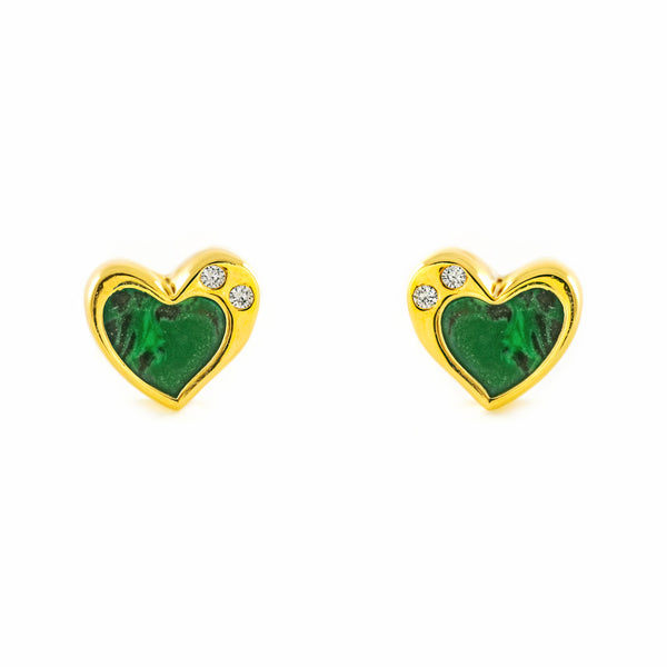 Pendientes Niña oro Amarillo 9K Corazón Piedra Malaquita Verde Brillo