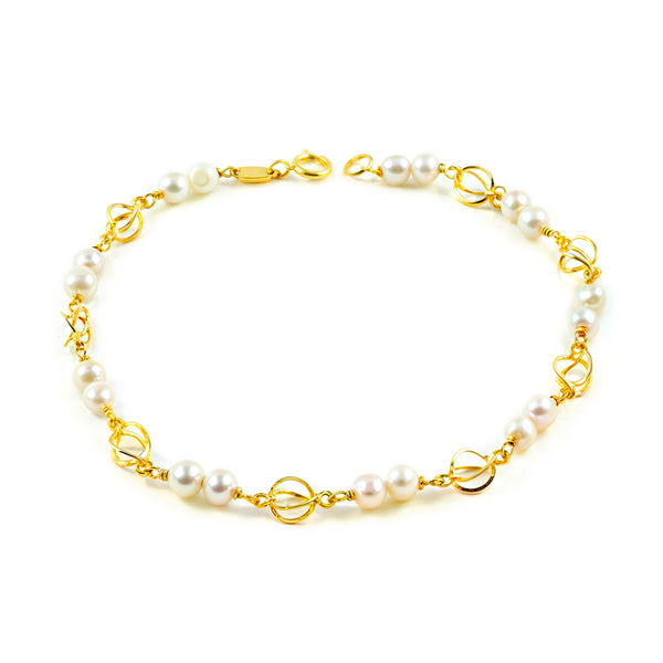 9ct Yellow Gold Round Pearl 4mm Basket Weave Girls Bracelet 18cm