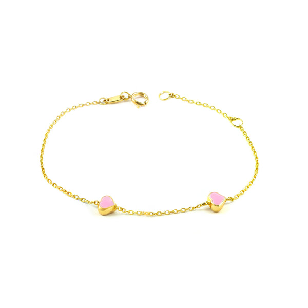 9ct Yellow Gold Enamel Pink Hearts girls Bracelet 15 cm