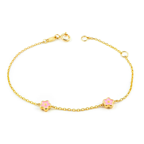 9ct Yellow Gold Enamel Rose Flower Girls Bracelet 15 cm Shine