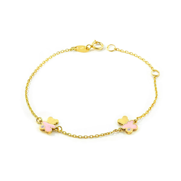 9K Yellow Gold Girl's Bracelet Enamel Bear Pink Cubic Zirconia Shine 14 cm