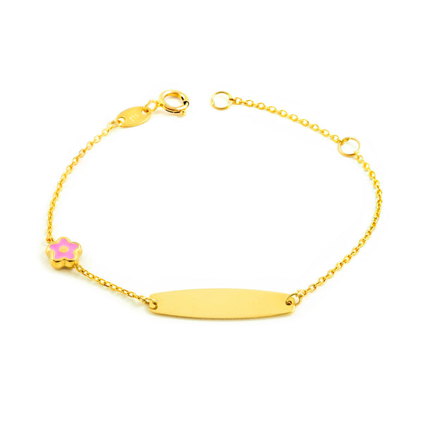 9ct Yellow Gold Enamel Slave girls Bracelet Pink Flower Shine 14 cm