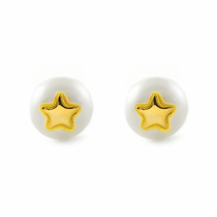 Pendientes Niña oro Amarillo 9K Estrella Perla Natural Botón Brillo