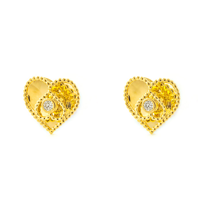 Pendientes Niña oro Amarillo 9K Corazón Piedra Circonita Brillo y Textura