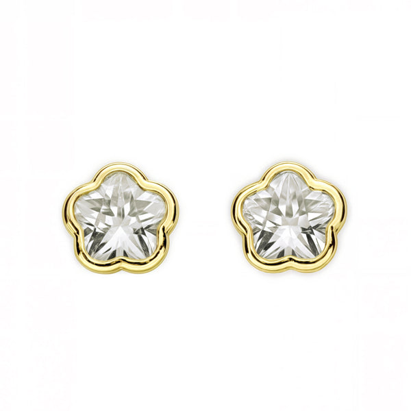 Pendientes Niña oro Amarillo 9K Flor Piedra Circonita Brillo