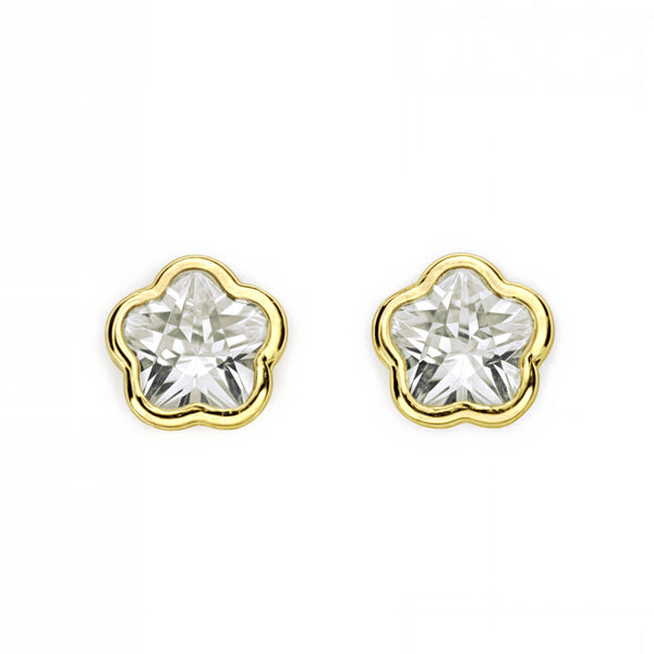 Pendientes Niña oro Amarillo 9K Flor Piedra Circonita Brillo