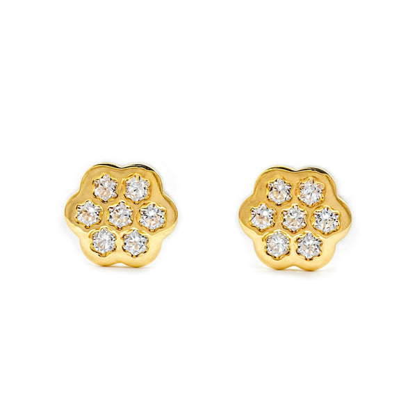 Pendientes Niña Oro Amarillo 18K Flor Margarita Circonitas Brillo
