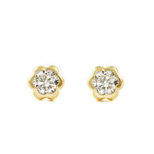 Pendientes Niña Oro Amarillo 18K Chatón Flor Circonita 3,75 mm Brillo