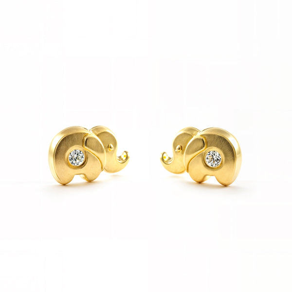 Pendientes Bebe Oro Amarillo 9K Elefante Circonita Brillo