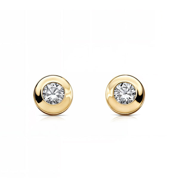 Pendientes Niña Oro Amarillo 18K Chatón Galería Redondo Circonita 3 mm Brillo