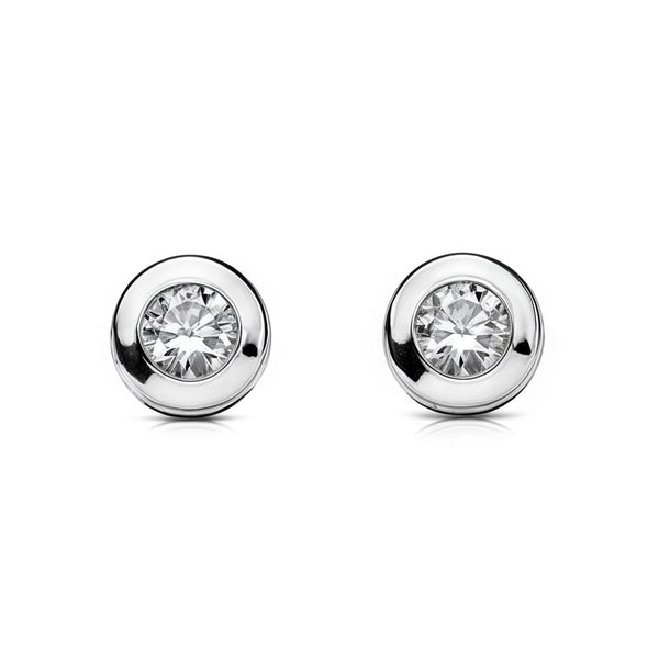 Pendientes Mujer-Niña Oro Blanco 18K Chatón Galería Redondo Circonita 4 mm Brillo